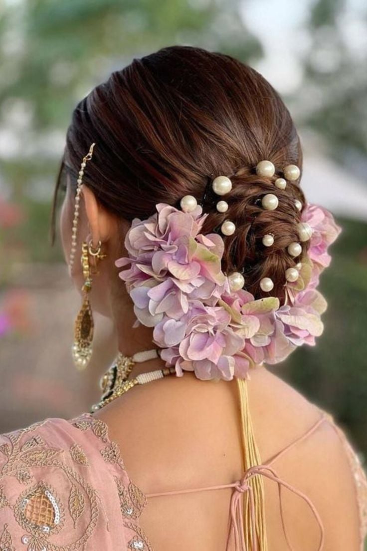 Dark Brown Bun With Floral and Pearl Embellishments — Trendy Wedding Bun