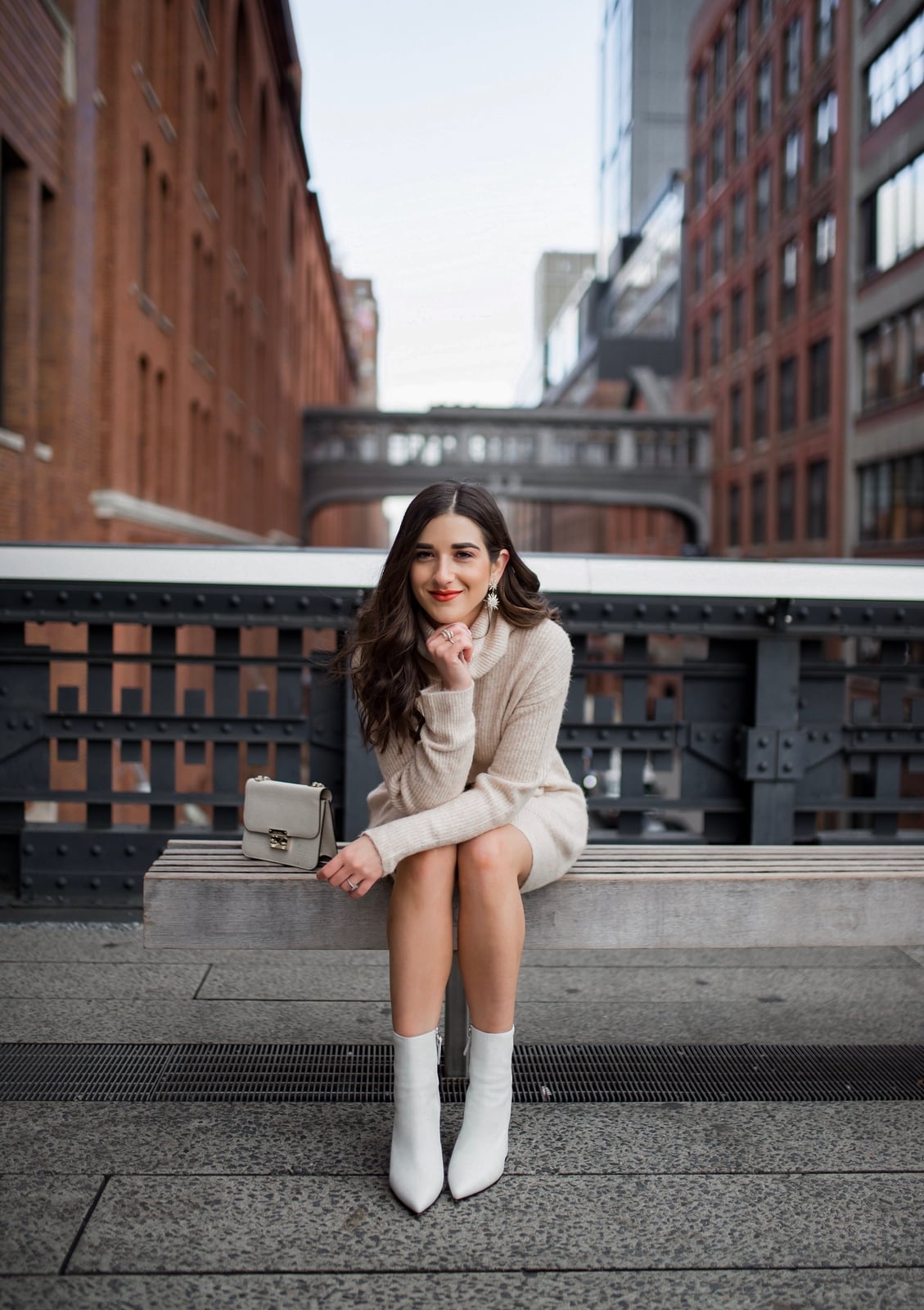 Beige Sweater Dress With White Ankle Boots Beige Sweater Dress With White Ankle Boots — Trendy White Boots Outfit
