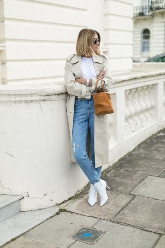 White Ankle Boots With Trench Coat White Ankle Boots With Trench Coat — Trendy White Boots Outfit
