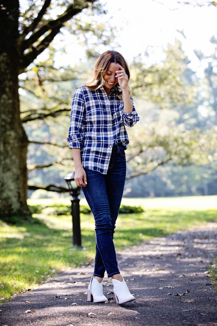 White Block Heel Boots With Plaid Shirt White Block Heel Boots With Plaid Shirt — Trendy White Boots Outfit