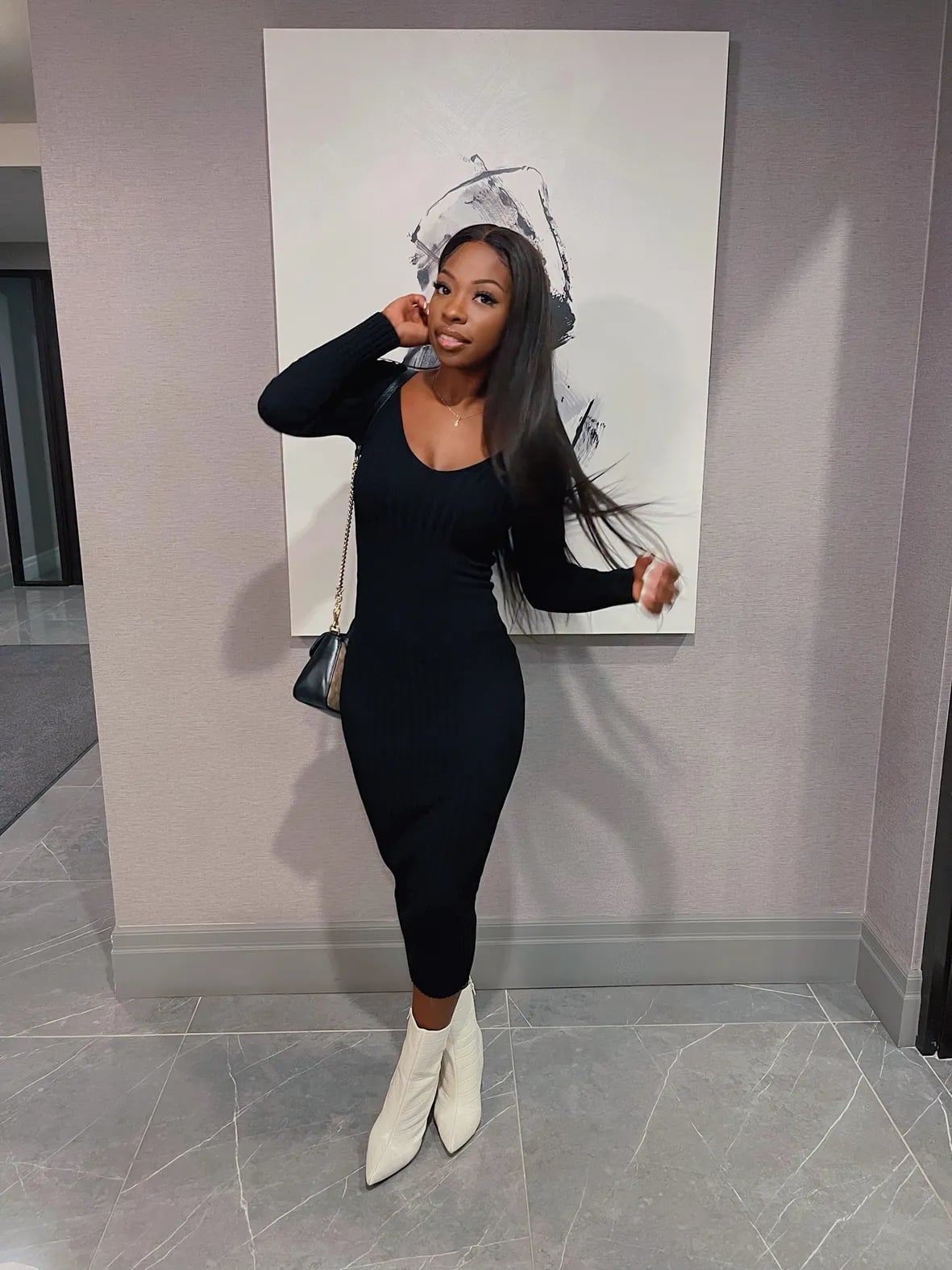 White Knee-High Boots With Black Dress, Fitted White Knee-High Boots With Black Dress, Fitted — Trendy White Boots Outfit