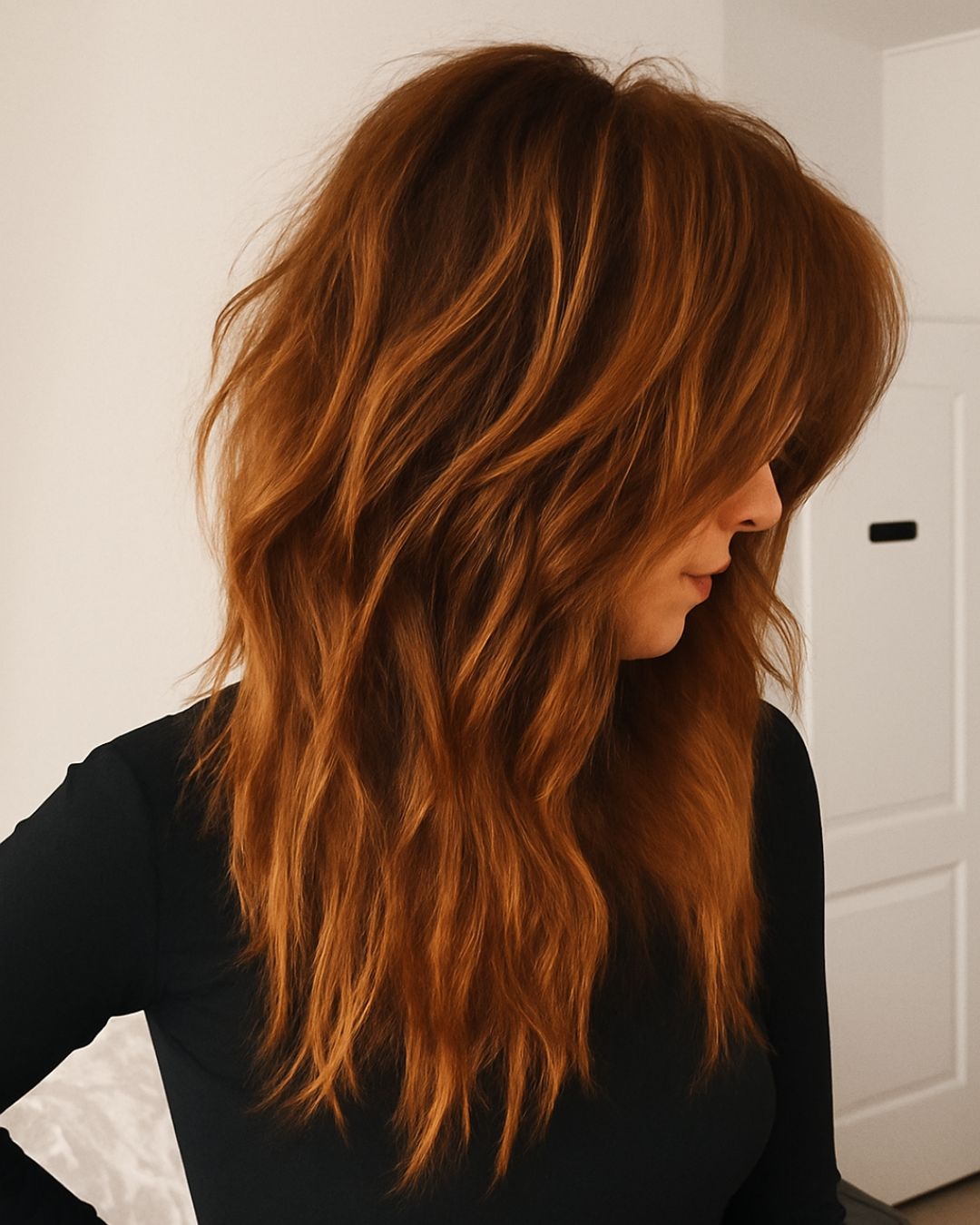 Long Copper Waves With Face-Framing Layers Long Copper Waves With Face-Framing Layers — Wavy Hair Hairstyles
