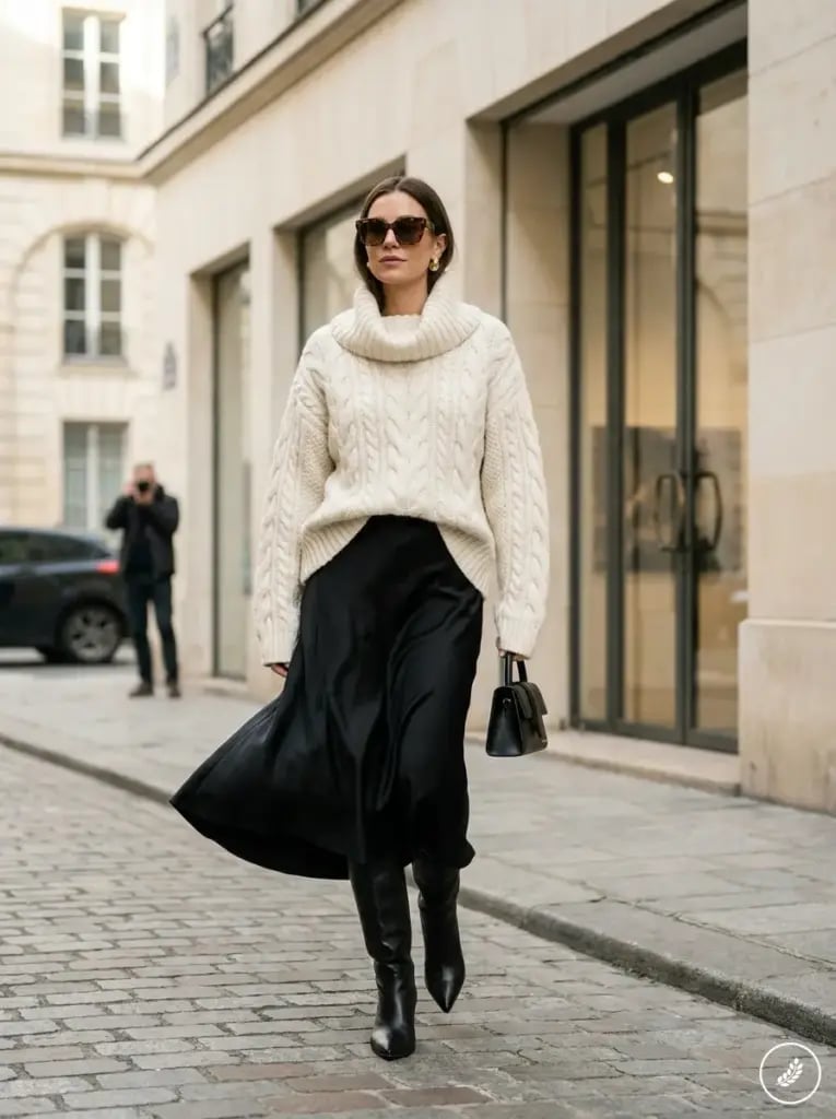 Chunky White Turtleneck With Black Midi Skirt — White Sweater Outfit