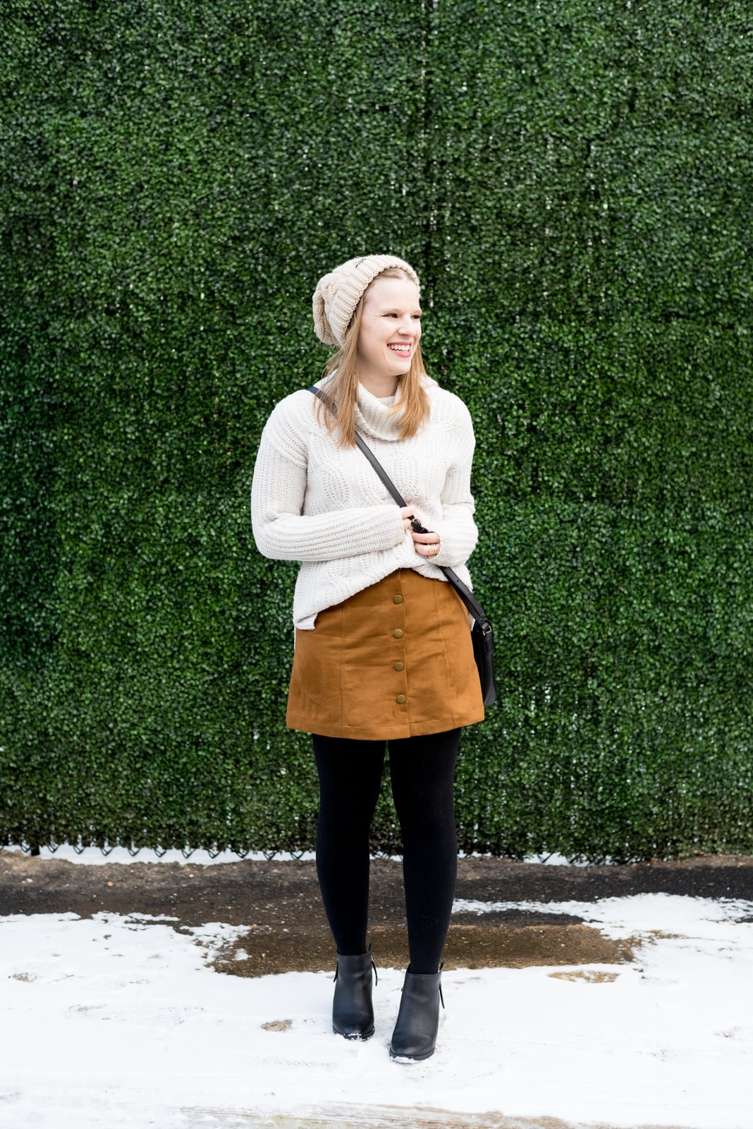 White Ribbed Turtleneck With Tan A-Line Skirt — White Sweater Outfit