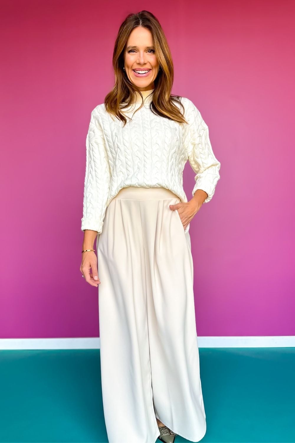 White Cable Knit Sweater With Wide Leg Trousers — White Sweater Outfit