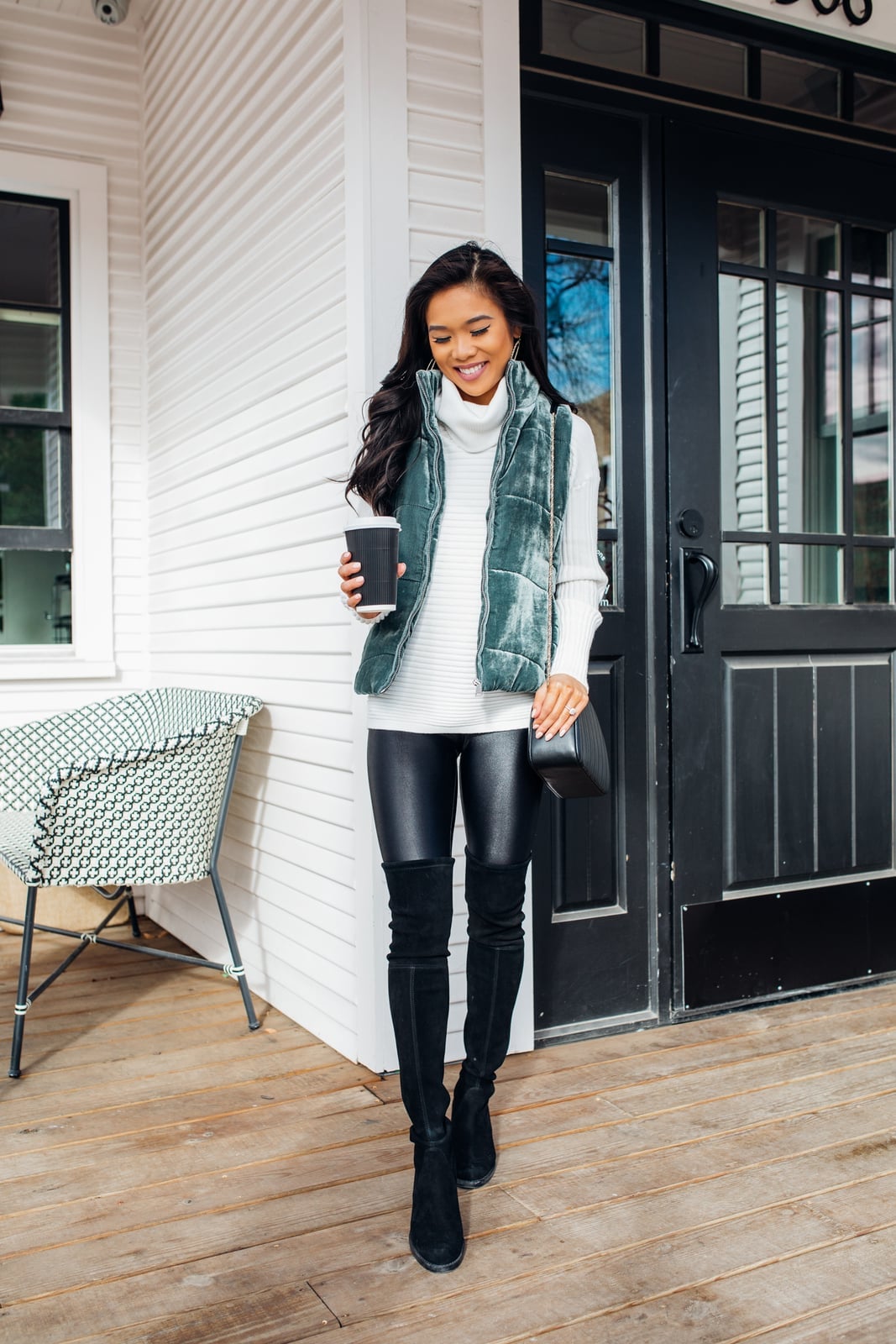 White Turtleneck With Green Velvet Vest, Fitted Leggings — White Sweater Outfit