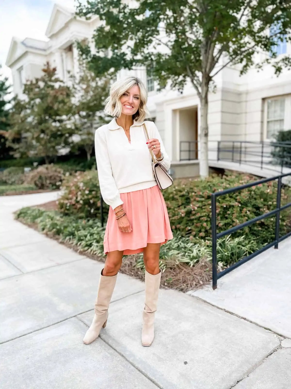 White Collared Sweater With Pink Flared Skirt, Gold Chain Handbag — White Sweater Outfit
