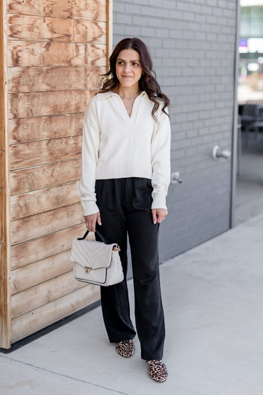 Cream Collared Sweater With Wide Leg Pants, Leopard Print Flats — White Sweater Outfit