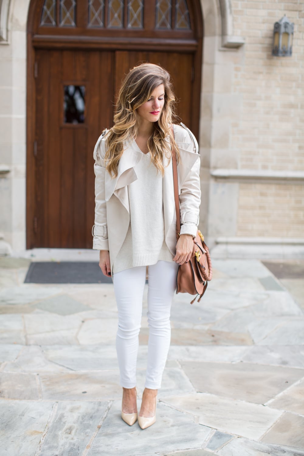 Cream V-Neck Sweater With Draped Jacket, Nude Pointed Heels — White Sweater Outfit