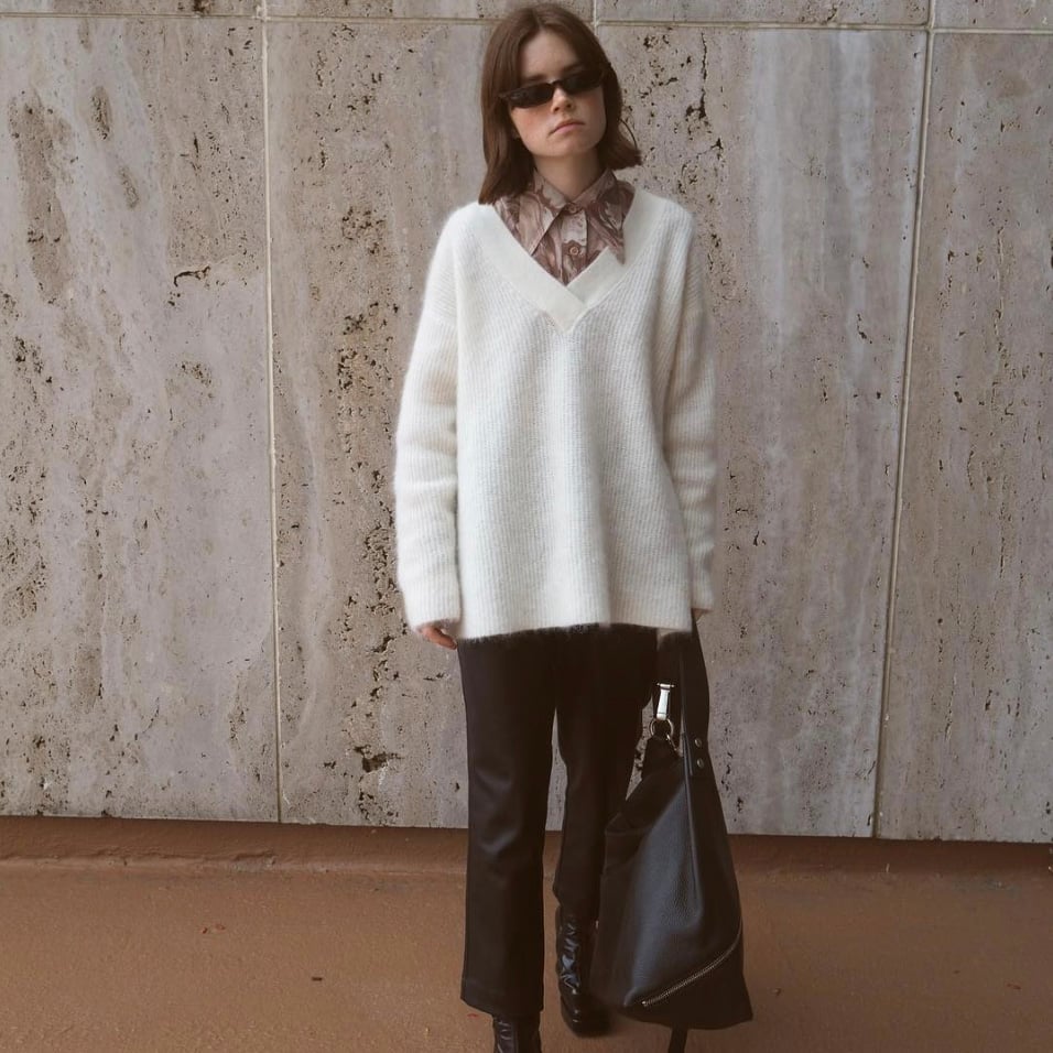 Oversized White V-Neck Sweater With Patterned Shirt — White Sweater Outfit