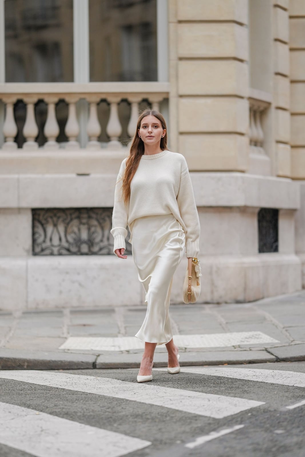 Relaxed White Crew Neck Sweater With Satin Skirt — White Sweater Outfit