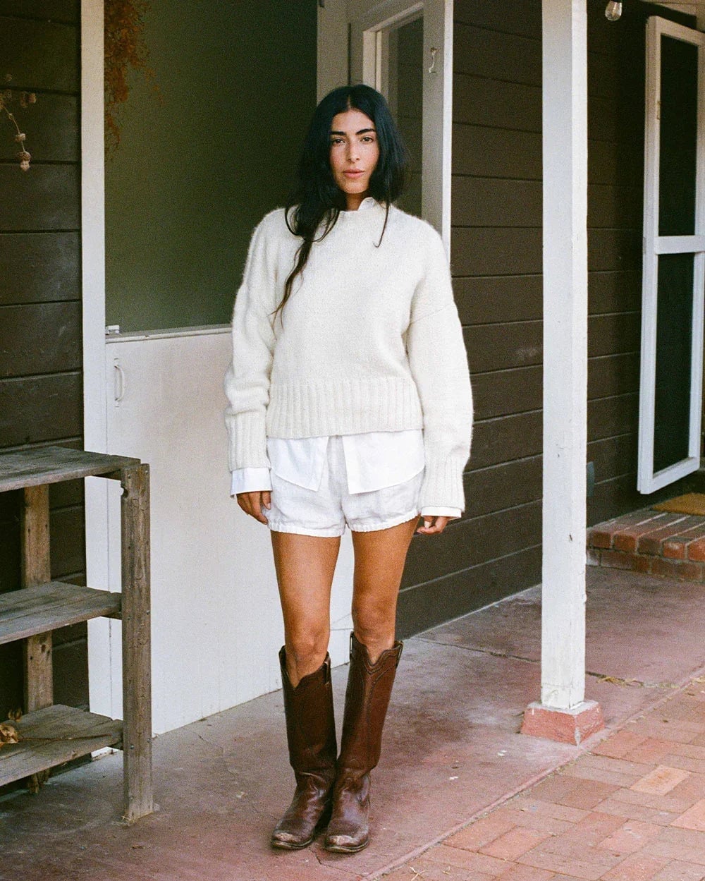 White Chunky Sweater With White Shorts — White Sweater Outfit