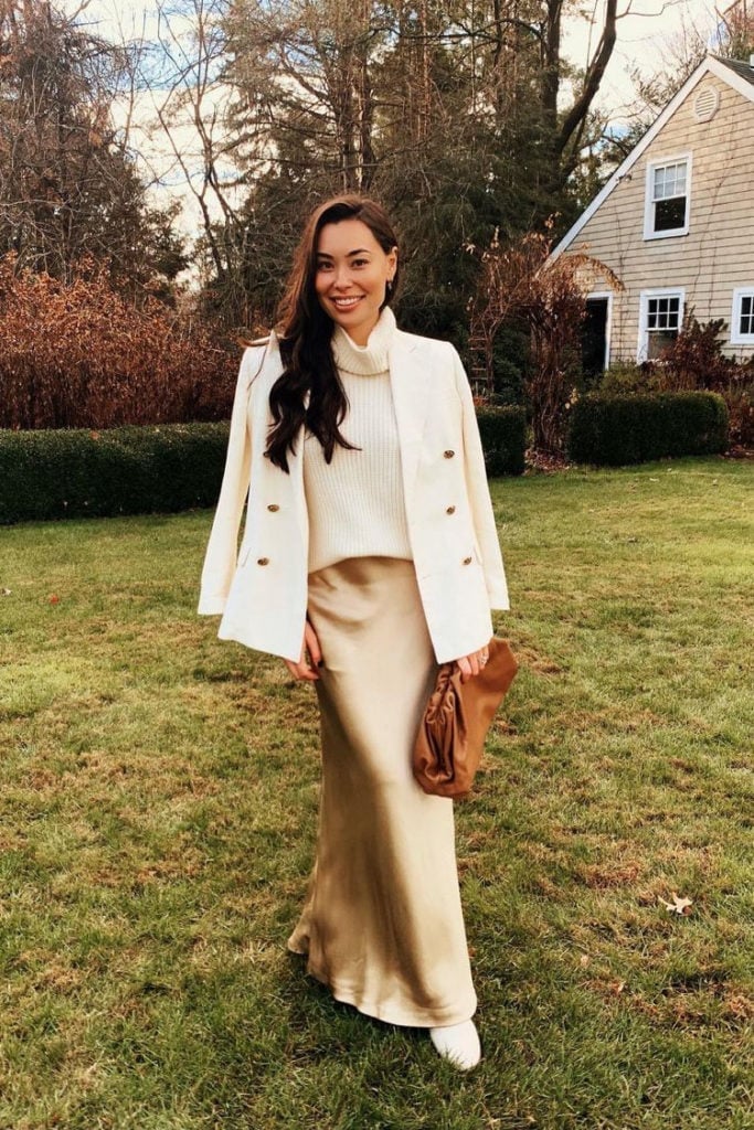 White Turtleneck With Cream Blazer And Maxi Skirt — White Sweater Outfit