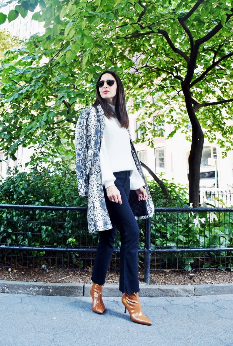 White Crew Neck Sweater Under Snakeskin Coat — White Sweater Outfit