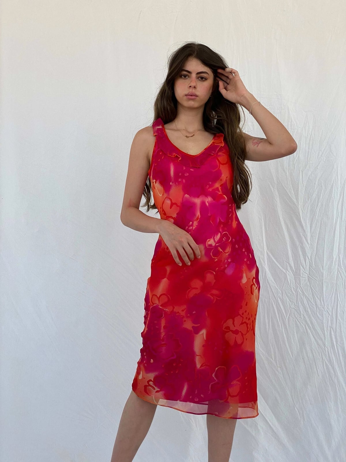 Orange and pink floral print midi dress with sheer overlay — Y2K Dress