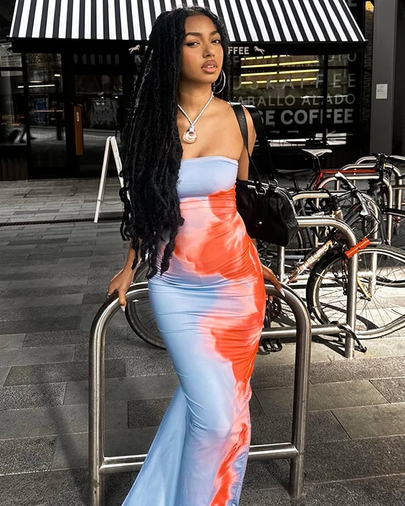 Strapless blue and orange tie-dye mesh maxi dress — Y2K Dress