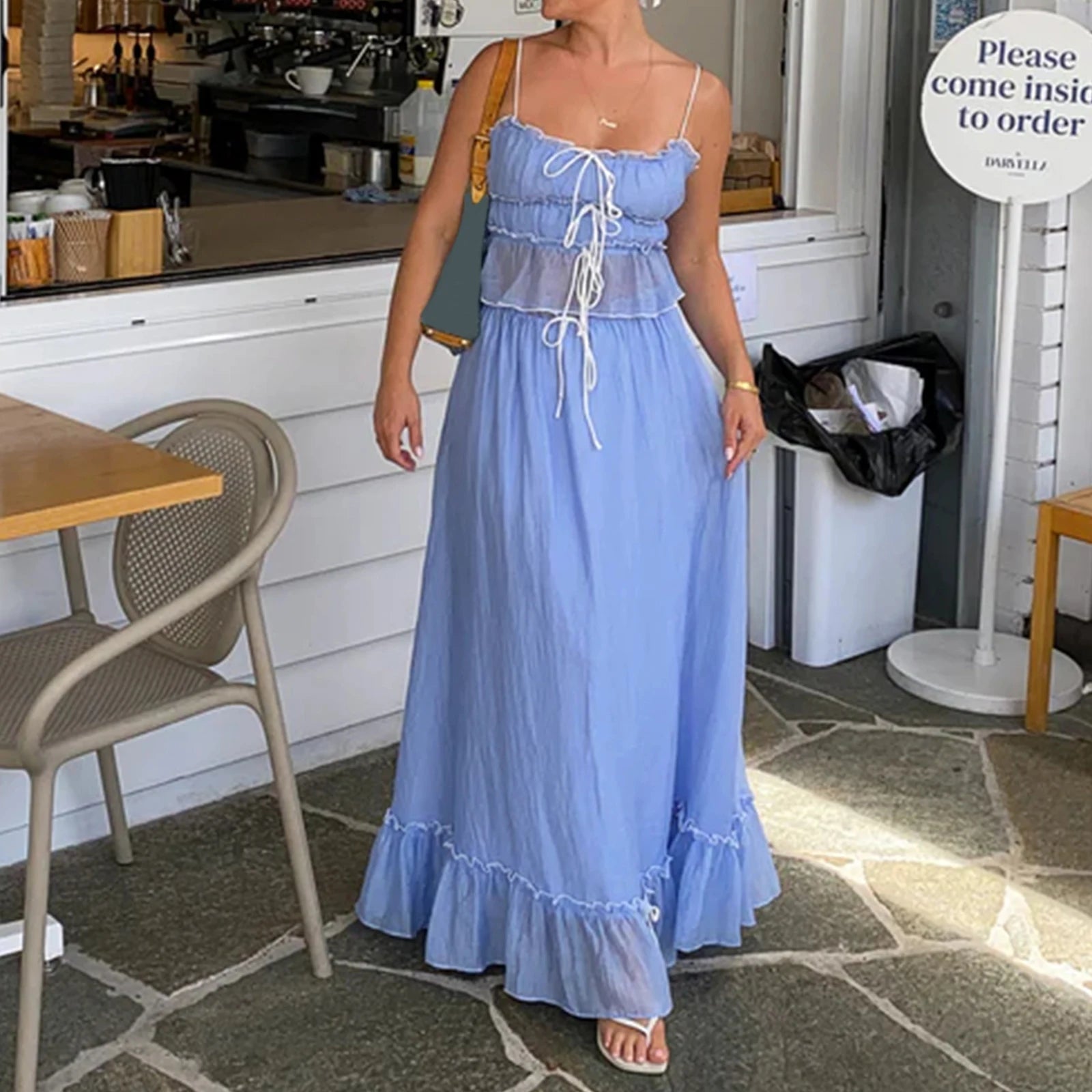 Light blue sheer chiffon maxi dress with ruffled hem — Y2K Dress