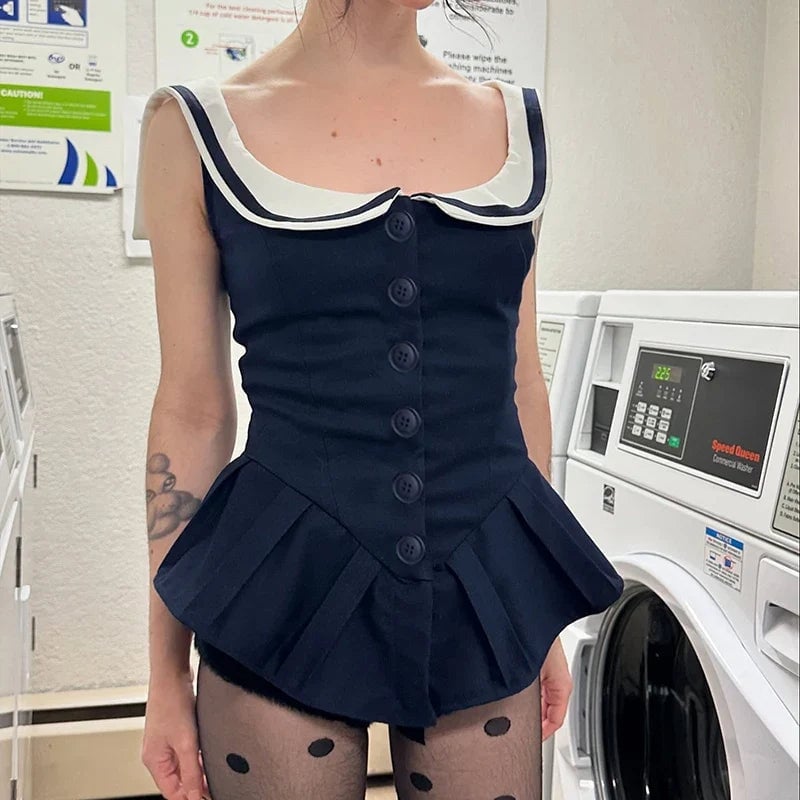 Navy dress with sailor collar and pleated skirt — Y2K Dress