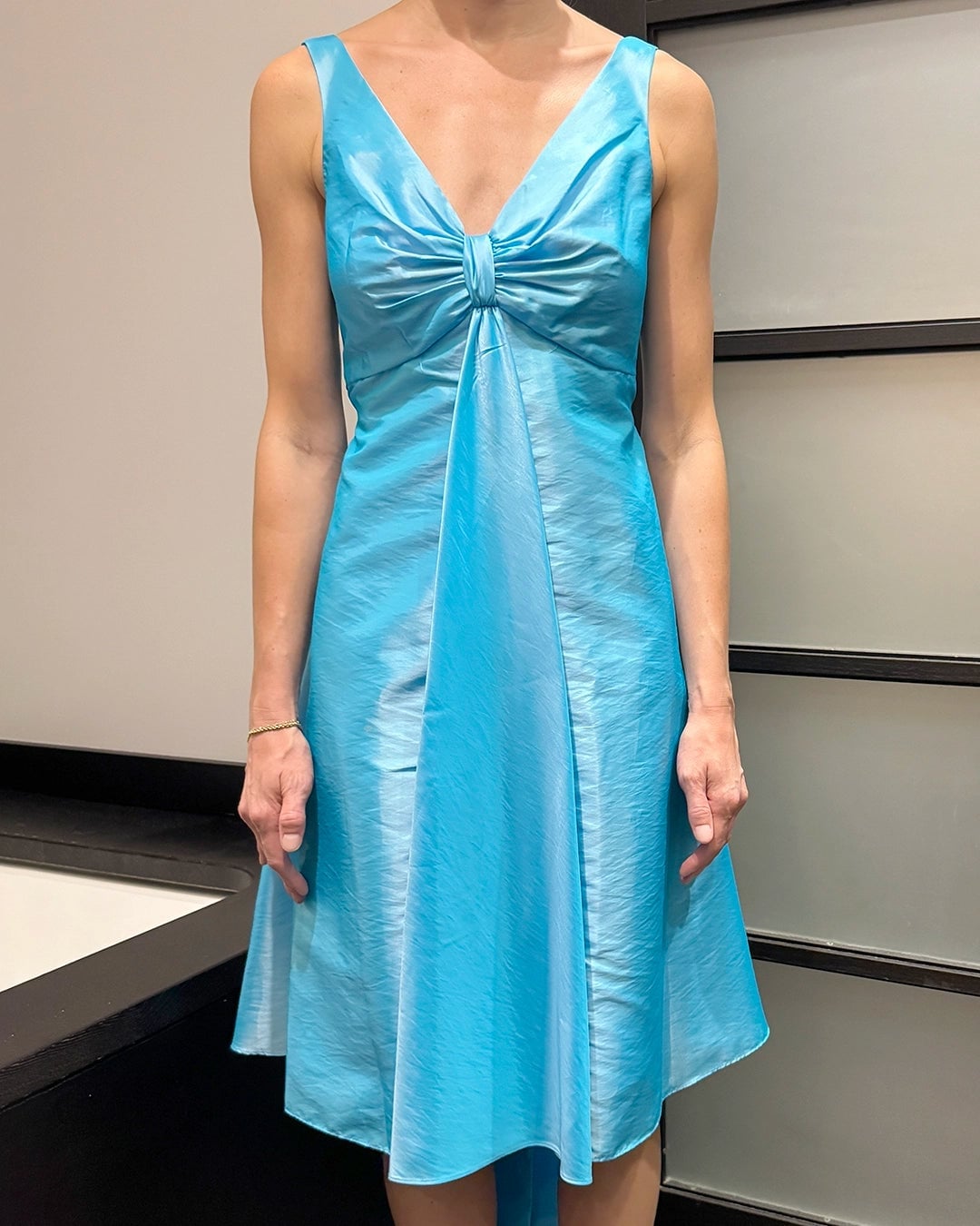 Bright blue sleeveless mini dress with bow detail — Y2K Dress
