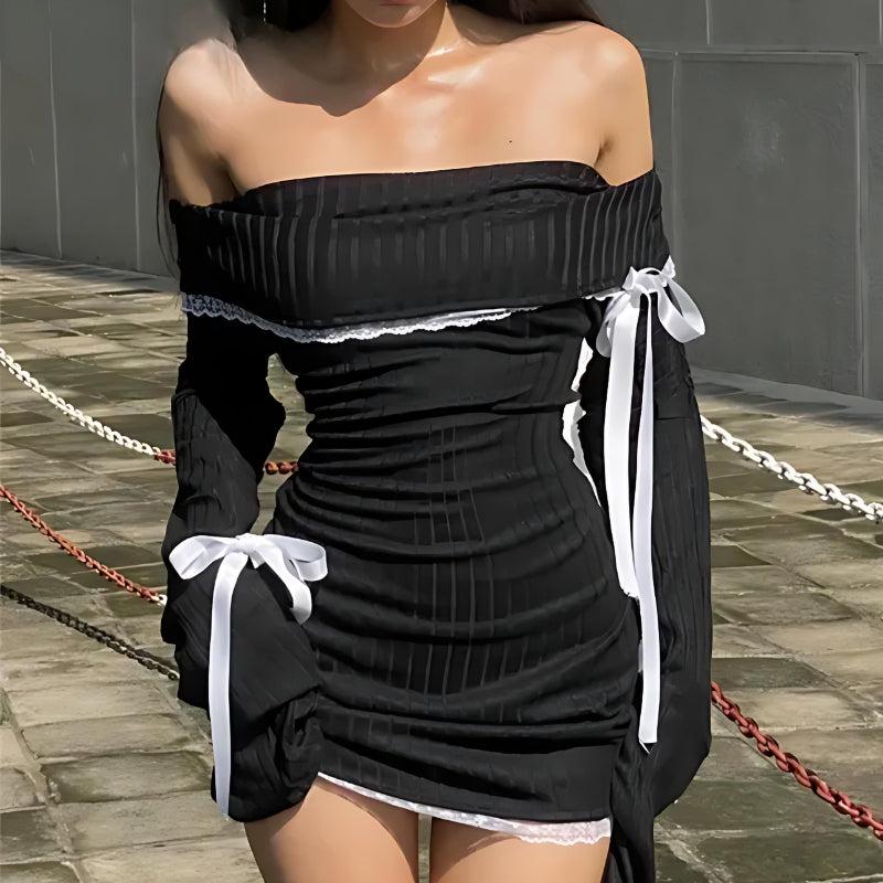 Black off-shoulder mini dress with sheer sleeves, Close-Up Take — Y2K Dress