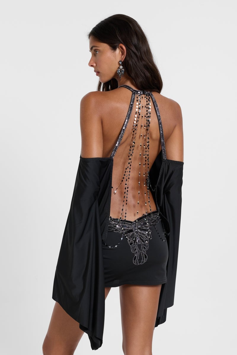 Black sequined off-the-shoulder mini dress with open back — Y2K Dress