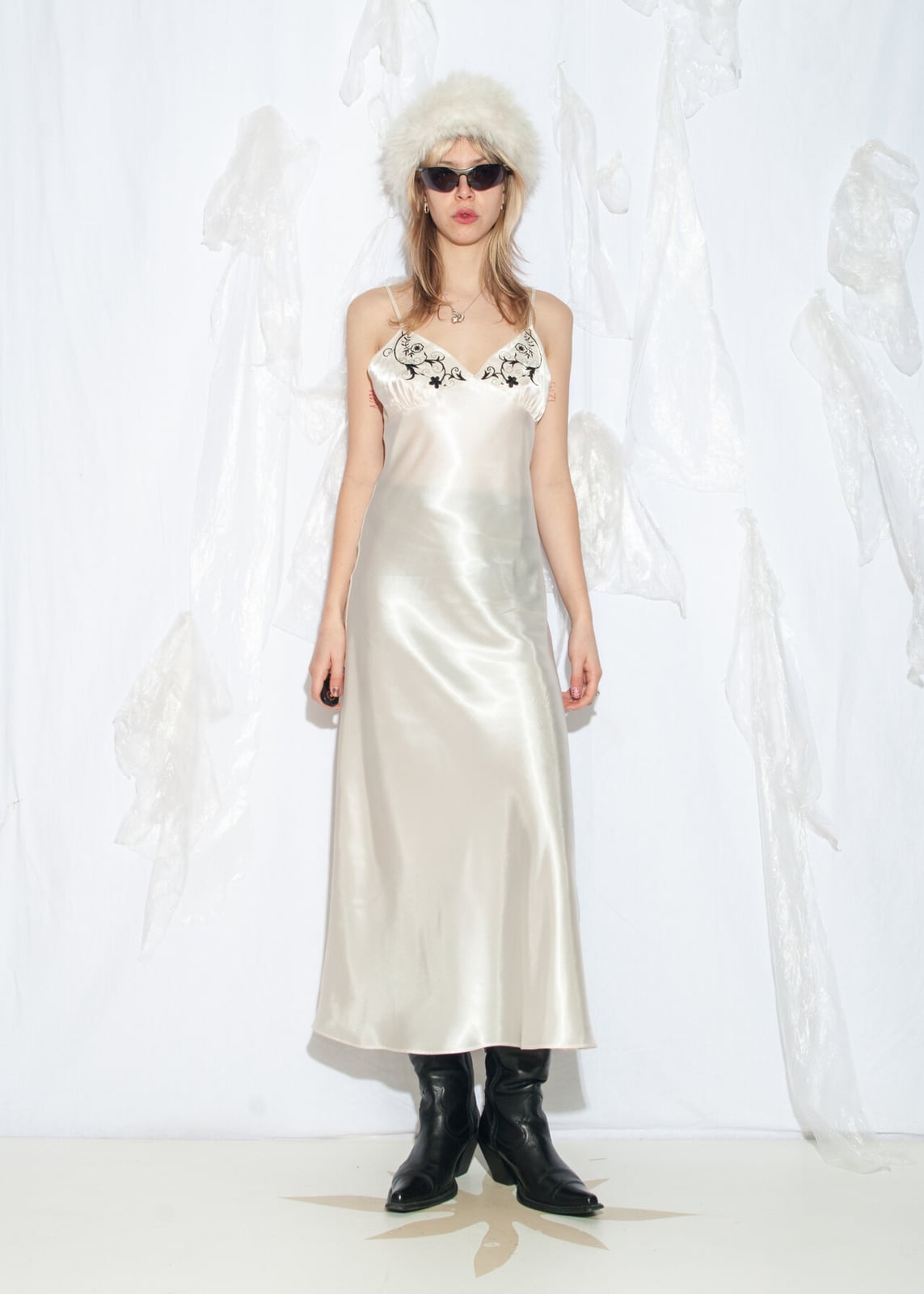 Cream satin slip dress with black embroidery and fur hat — Y2K Dress