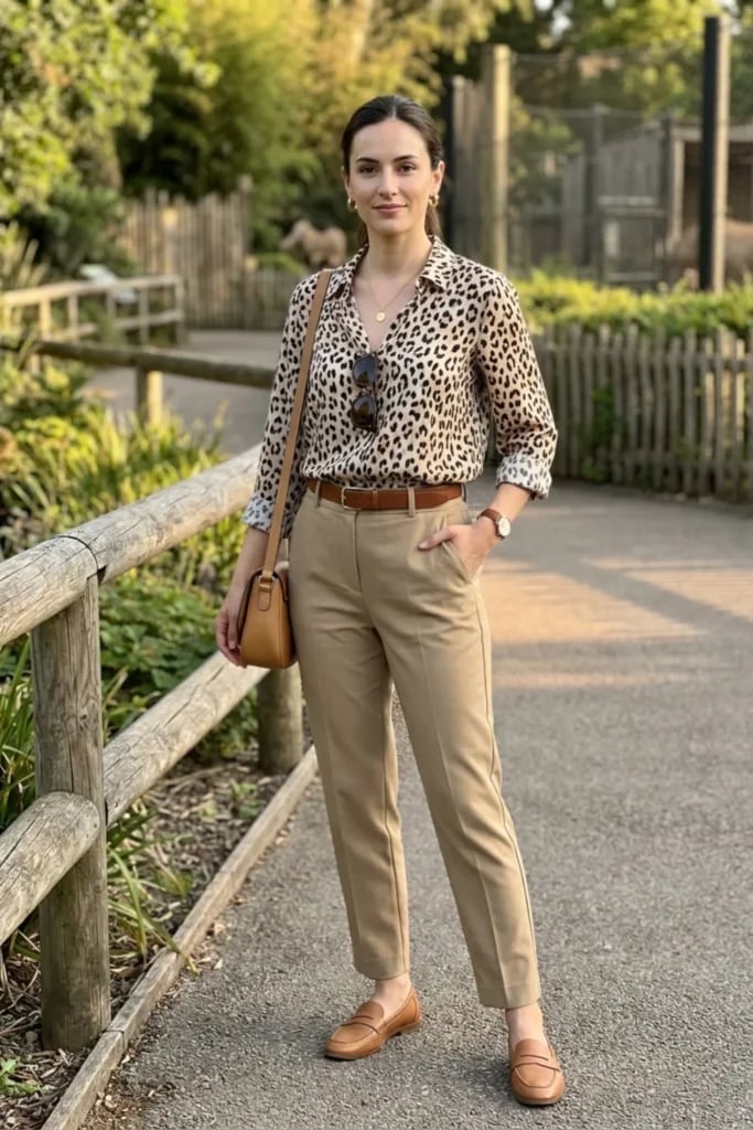 Leopard print shirt with beige trousers for a chic zoo visit Leopard print shirt with beige trousers for a chic zoo visit — Zoo Outfits