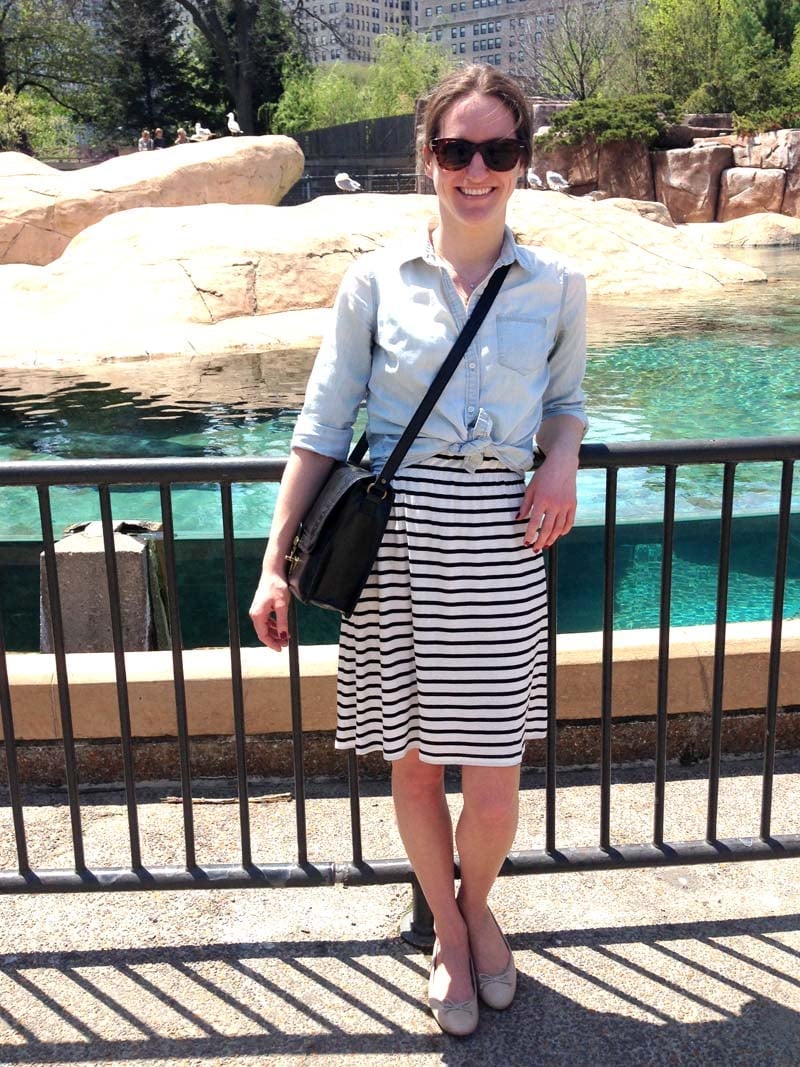 Tied light blue shirt and striped wrap skirt Tied light blue shirt and striped wrap skirt — Zoo Outfits