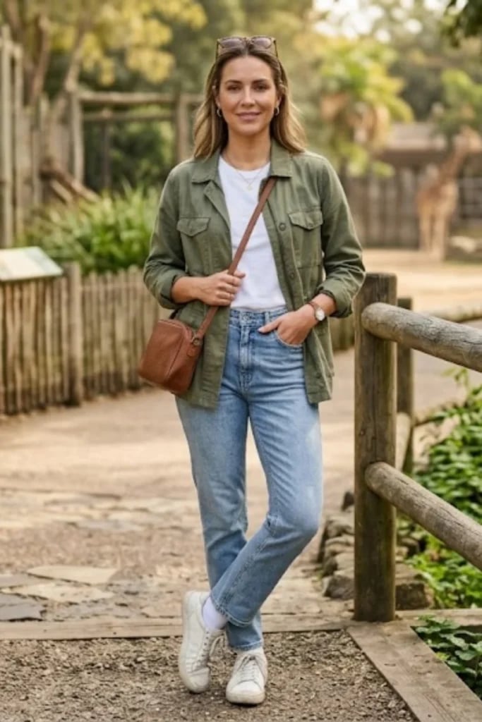 Olive utility jacket over white tee and jeans Olive utility jacket over white tee and jeans — Zoo Outfits