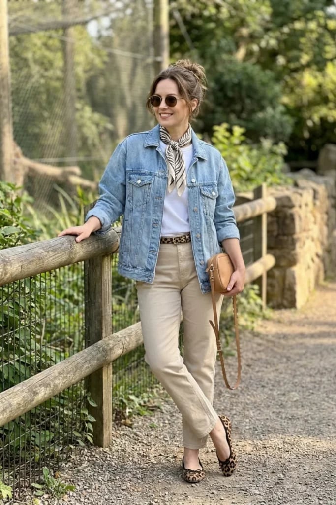 Denim jacket, white tee, and beige wide-leg trousers Denim jacket, white tee, and beige wide-leg trousers — Zoo Outfits