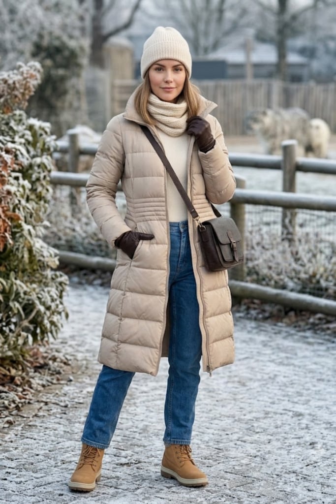Long puffer coat for a cold zoo day Long puffer coat for a cold zoo day — Zoo Outfits