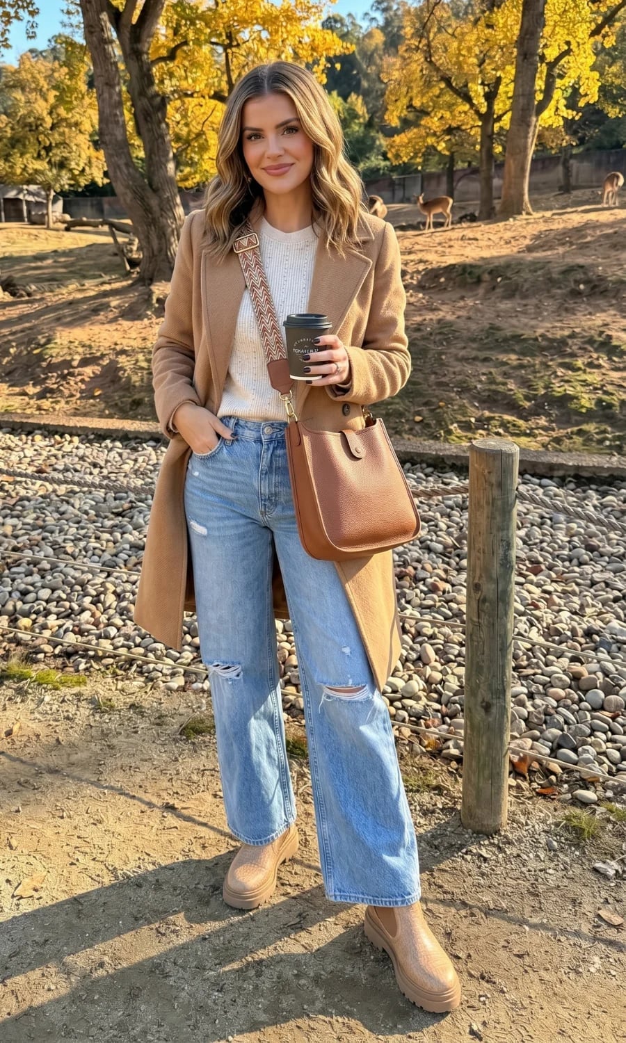 Camel coat over cream sweater and ripped jeans Camel coat over cream sweater and ripped jeans — Zoo Outfits